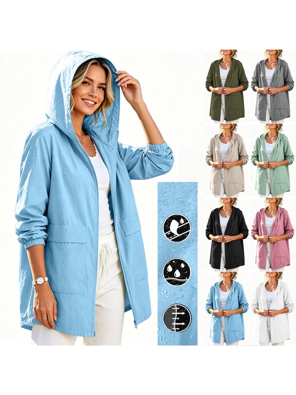 Women's Lightweight Raincoat Full Zip up Long Sleeve Waterproof Packable Outdoor Windproof Hooded Active Rain Jacket with Pockets