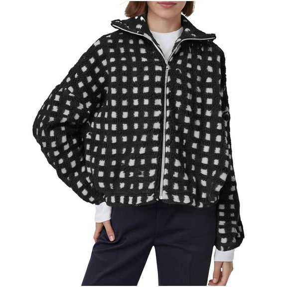 Otntypg Women’s Long Sleeve Cropped Sherpa Fleece Plaid Jacket Trendy Fall Winter Thick Warm Casual Chunky Teddy Fleece Outerwear Coat Black M