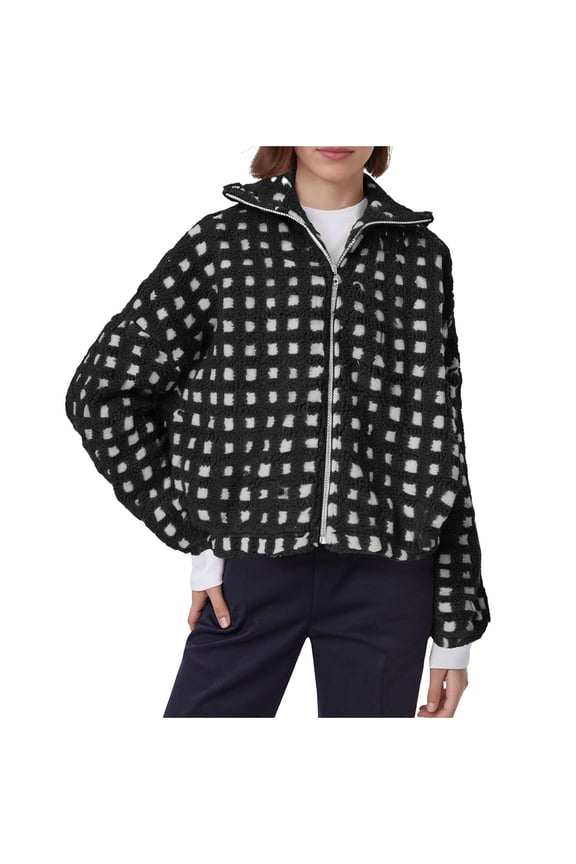 Women’s Long Sleeve Cropped Sherpa Fleece Plaid Jacket Trendy Fall Winter Thick Warm Casual Chunky Teddy Fleece Outerwear Coat Black M