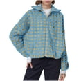 thumbnail image 1 of Otntypg Women’s Long Sleeve Cropped Sherpa Fleece Plaid Jacket Trendy Fall Winter Thick Warm Casual Chunky Teddy Fleece Outerwear Coat Blue L, 1 of 7
