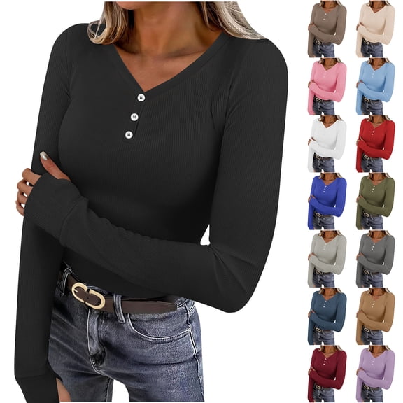 Otntypg Women's Long Sleeve Henley Tops Ribbed Knit Slim Fitted Trendy Solid Color Half Button V Neck T Shirt Basic Tees Layer Fall Spring Fashion Outfits with Thumb Hole Army Green L