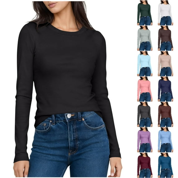 Otntypg Women's Long Sleeve Shirts Fall Tight Fitted Tops Crewneck Underscrubs Tee Lightweight Basic Solid Color Thermal Undershirts Light Blue#01 XL