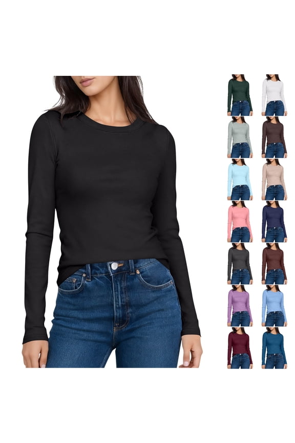 Women's Long Sleeve Shirts Fall Tight Fitted Tops Crewneck Underscrubs Tee Lightweight Basic Solid Color Thermal Undershirts White M