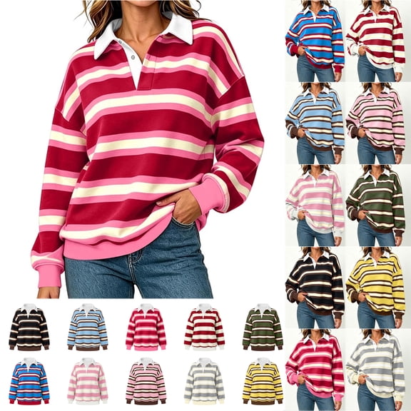 Otntypg Women's Oversized Striped Polo Sweatshirt Trendy Fall Long Sleeve Rugby Lapel Collared Button Down Pullover Tops Loose Fit Colorblock Streetwear Y2K Shirts