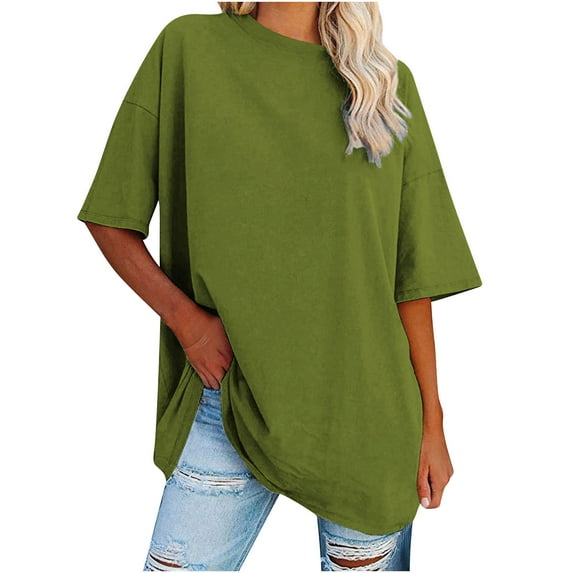 Otntypg Women's Oversized T Shirts Trendy Solid Color Round Neck Baggy Tees Summer Half Sleeve Casual Comfy Cozy Cotton Tunic Tops Green#01 S