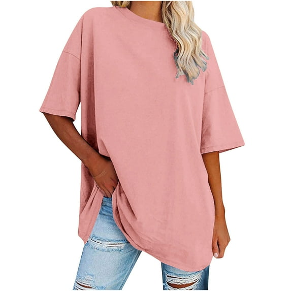 Otntypg Women's Oversized T Shirts Trendy Solid Color Round Neck Baggy Tees Summer Half Sleeve Casual Comfy Cozy Cotton Tunic Tops Pink#01 S