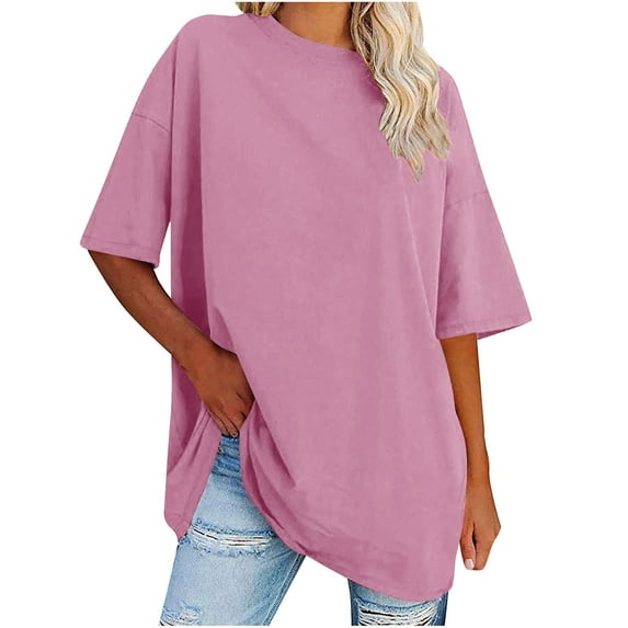 Otntypg Women's Oversized T Shirts Trendy Solid Color Round Neck Baggy Tees Summer Half Sleeve Casual Comfy Cozy Cotton Tunic Tops Pink#03 M