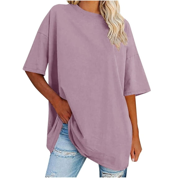 Otntypg Women's Oversized T Shirts Trendy Solid Color Round Neck Baggy Tees Summer Half Sleeve Casual Comfy Cozy Cotton Tunic Tops Purple#03 XL