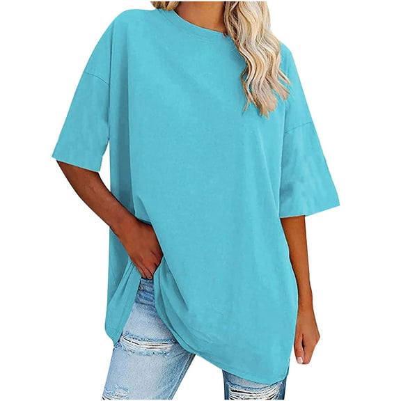 Otntypg Women's Oversized T Shirts Trendy Solid Color Round Neck Baggy Tees Summer Half Sleeve Casual Comfy Cozy Cotton Tunic Tops Sky Blue XXL