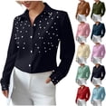 thumbnail image 1 of Otntypg Women's Pearl Elegant Tops Button Down Shirts Dressy Casual V Neck Solid Color Long Sleeve Work Office Collared Tunic Blouse Red XL, 1 of 7