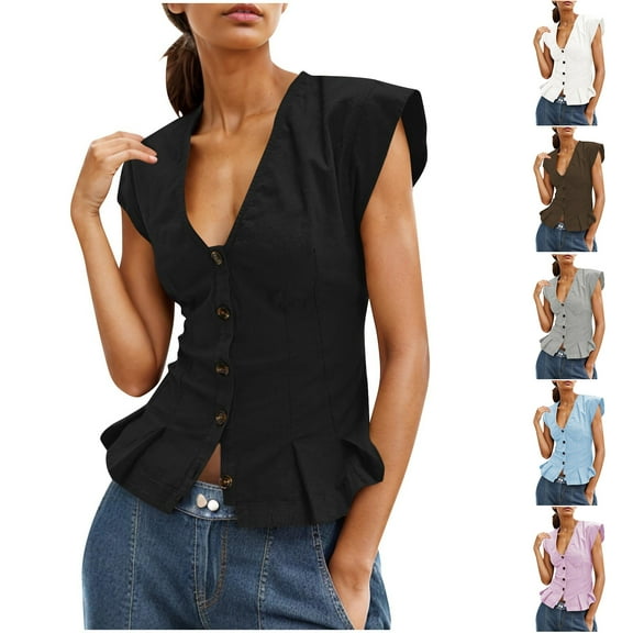 Otntypg Women's Peplum Tops Slim Fit Dressy Casual Business Button Down Waistcoat Trendy Cap Sleeve Work Office Going Out Suit Vests Coffee L