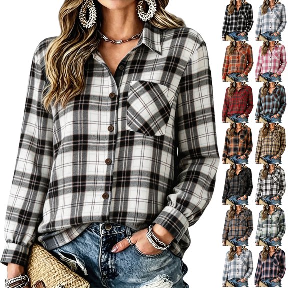Otntypg Women's Plaid Flannel Collared Shirts Lightweight Fall Long Sleeve Button Down Shacket Jackets Trendy Oversized Comfy Business Casual Work Western Outerwear Tshirt Tops with Pockets
