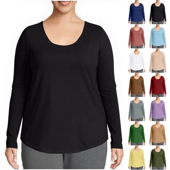 Otntypg Women's Plus Size Long Sleeve U Neck Tunics Tops Casual Loose Oversized Fit Basic Solid Color T Shirts Blouse Black L