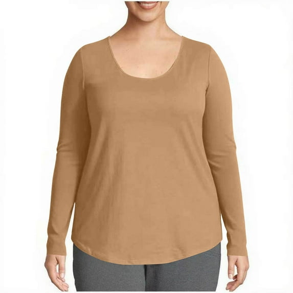 Otntypg Women's Plus Size Long Sleeve U Neck Tunics Tops Casual Loose Oversized Fit Basic Solid Color T Shirts Blouse Khaki XXXXXL