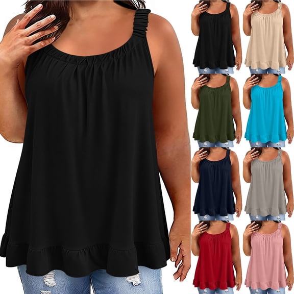 Otntypg Women's Plus Size Tank Tops Summer Casual Ruched Scoop Neck Pleated Front T-Shirts Loose Flowy Sleeveless Cami Shirts Green XXL