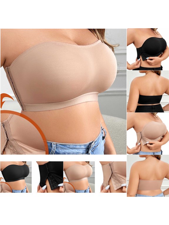 Women's Plus Size Tube Tops Strapless Bras Side Hook Closure Wireless Push Up Non-Slip Seamless Padded Bandeau Bralette for Parties, Weddings, Vacation
