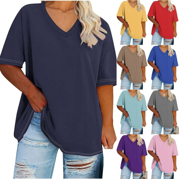 Otntypg Women's Plus Size V Neck T Shirts Summer Half Sleeve Tees Casual Loose Fit Cotton Oversized Baggy Flowy Tunic Tops Blue XXXXL