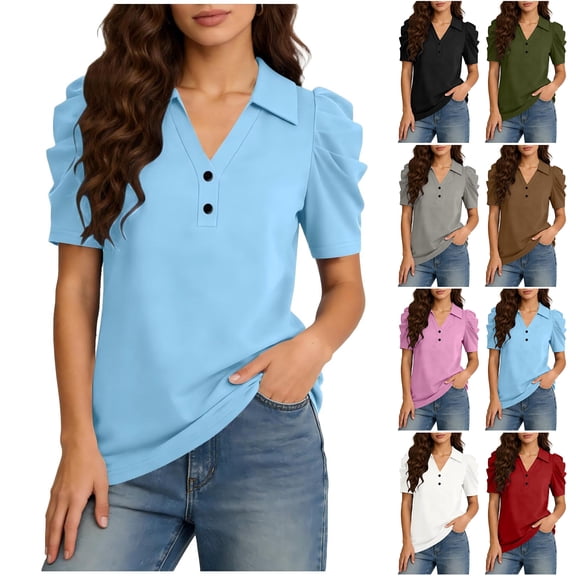 Otntypg Women's Puff Short Sleeve Tops Lightweight Dressy Button V Neck Polo Shirts Casual Summer Collared Tunic Blouses Fashion Trendy 2026 Clothing Army Green M