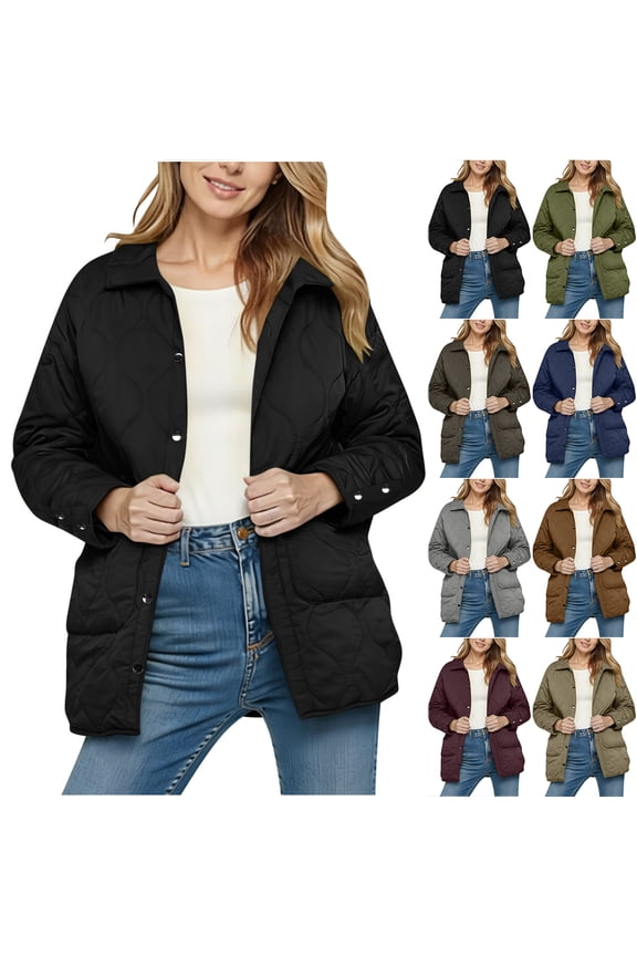 Women's Quilted Jacket Trendy Long Lightweight Coat Ladies Cute Warm Shacket Casual Button Down Long Sleeve Fall Winter Fashion Clothes Blue XXL