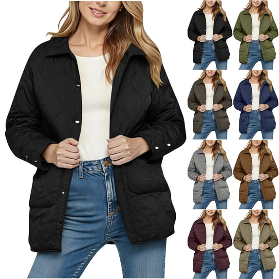 Otntypg Women's Quilted Jacket Trendy Long Lightweight Coat Ladies Cute Warm Shacket Casual Button Down Long Sleeve Fall Winter Fashion Clothes Brown L