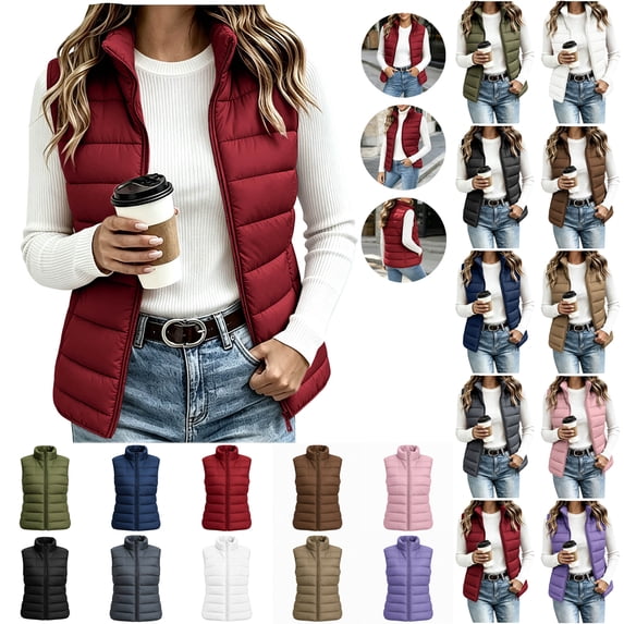 Otntypg Women's Quilted Puffer Vest Lightweight Sleeveless Puffy Jacket Casual 2026 Winter Thick Warm Padded Gilet Outerwear Full Zip up Stand Collar Windproof Outdoor Coat with Pockets