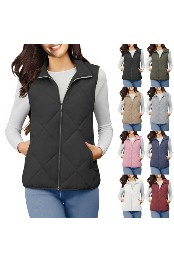 Women's Quilted Vest Fall Winter Lightweight Casual Stand Collar Full Zip up Padded Gilet Sleeveless Down Jackets Coats Outwear with Pockets Pink XXL