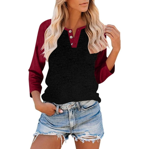 Otntypg Women's Raglan V Neck Summer Baseball Tops 3/4 Sleeve Ladies Button Henley Shirt Trendy Oversized Workout Tunics Color Block Tees Boyfriend Style Blouse Wine L
