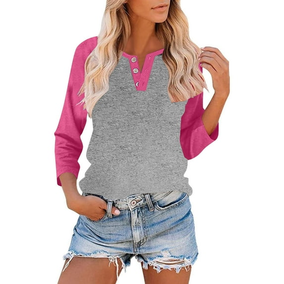 Otntypg Women's Raglan V Neck Summer Baseball Tops 3/4 Sleeve Ladies Button Henley Shirt Trendy Oversized Workout Tunics Color Block Tees Boyfriend Style Blouse Hot Pink#01 S
