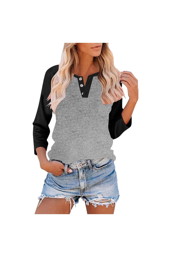 Women's Raglan V Neck Summer Baseball Tops 3/4 Sleeve Ladies Button Henley Shirt Trendy Oversized Workout Tunics Color Block Tees Boyfriend Style Blouse Black#01 L