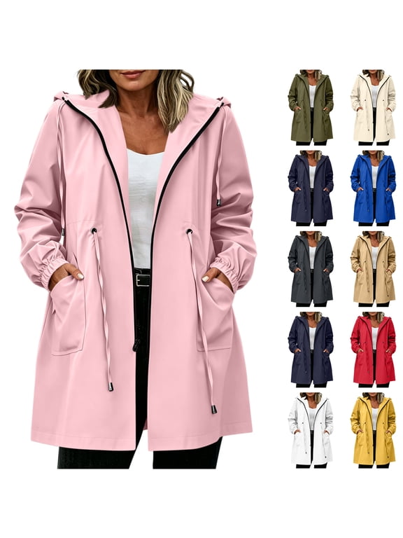 Women's Rain Jacket Plus Size Long Raincoat Lightweight Full Zip up Long Sleeve Drawstring Hooded Windbreaker Waterproof Jackets with Pockets