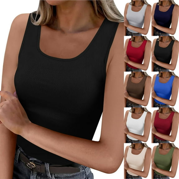 Otntypg Women's Ribbed Tank Tops Knit Scoop Neck Sleeveless Fitted Casual Tops Trendy Summer Slim Basic Workout Tee Shirts Black M