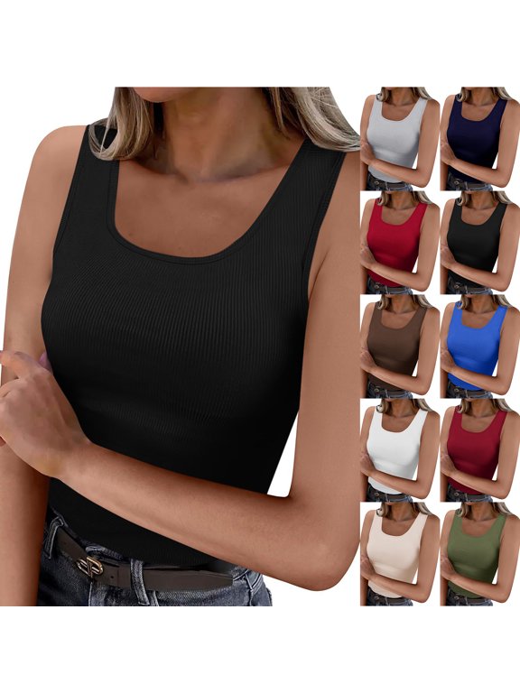 Women's Ribbed Tank Tops Knit Scoop Neck Sleeveless Fitted Casual Tops Trendy Summer Slim Basic Workout Tee Shirts Black M