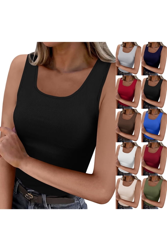 Women's Ribbed Tank Tops Knit Scoop Neck Sleeveless Fitted Casual Tops Trendy Summer Slim Basic Workout Tee Shirts Black M