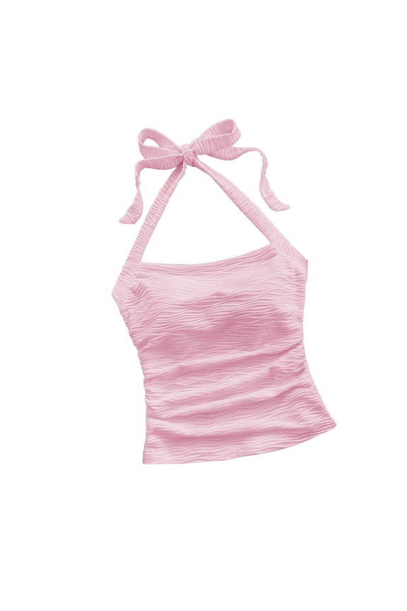 Women's Ruched Halterneck Y2K Crop Tops Adjustable Tie Back Sleeveless Slim Fit Cami Top Teen Girls Textured Square Neck Shirts Pink S