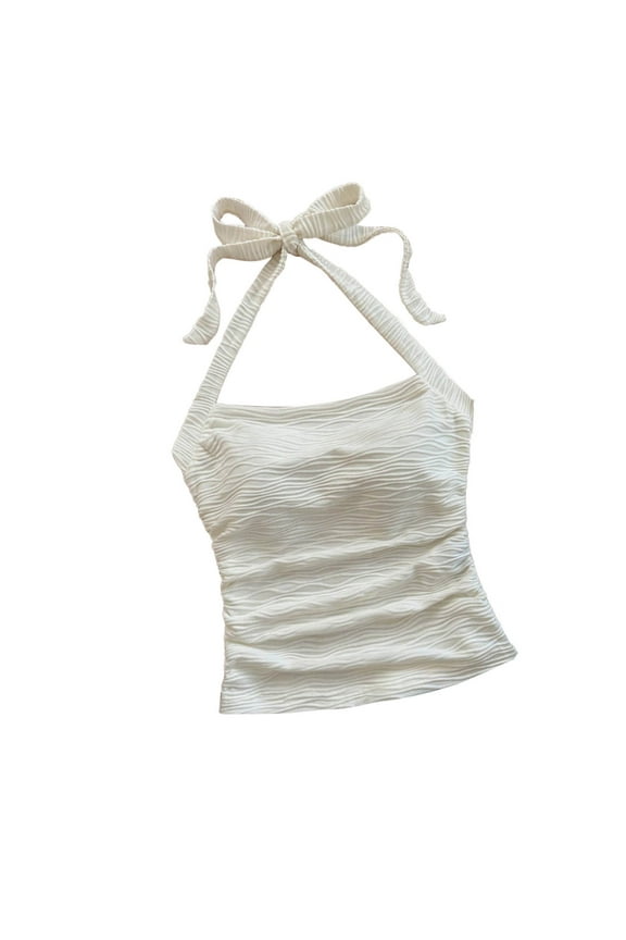 Women's Ruched Halterneck Y2K Crop Tops Adjustable Tie Back Sleeveless Slim Fit Cami Top Teen Girls Textured Square Neck Shirts White S