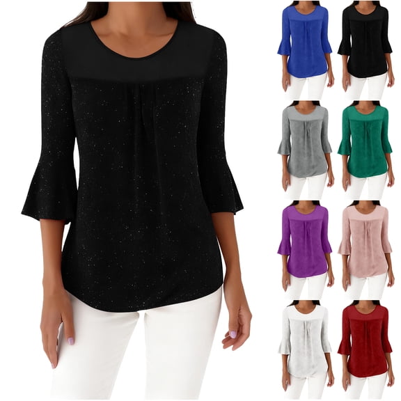 Otntypg Women's Ruffle 3/4 Sleeve Elegant Dressy Blouses Loose Fit Casual Ruched Pleated Crew Neck Double Layers Mesh Flowy Glitter Tunic Tops Gray S