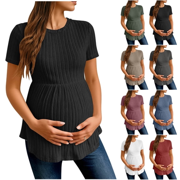 Otntypg Women's Ruffle Hem Maternity T Shirt Short Sleeve Crewneck Ribbed Knit Peplum Tee Tops Loose Flowy Comfy Tunic Blouse Navy XXL