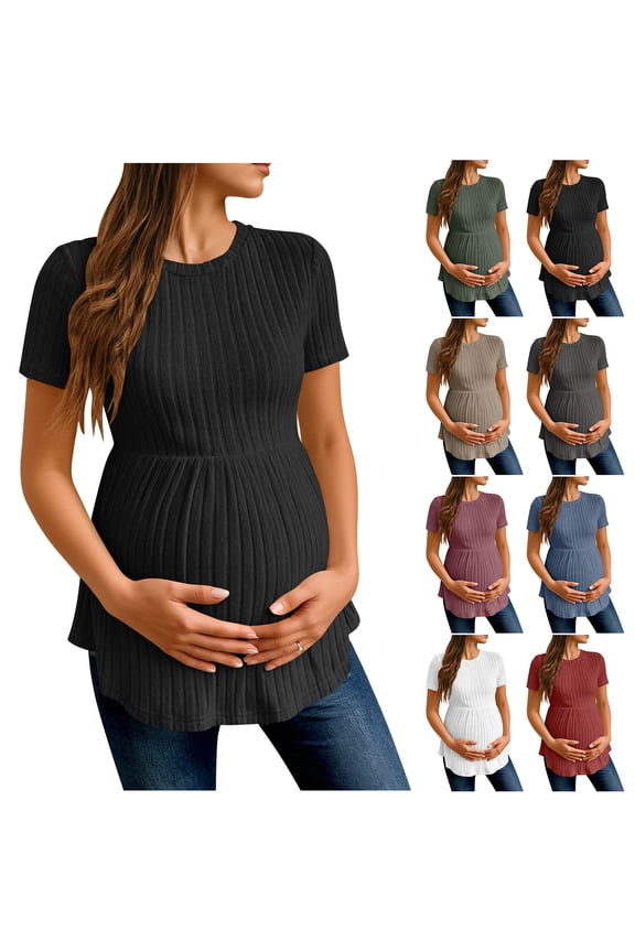 Women's Ruffle Hem Maternity T Shirt Short Sleeve Crewneck Ribbed Knit Peplum Tee Tops Loose Flowy Comfy Tunic Blouse Purple L