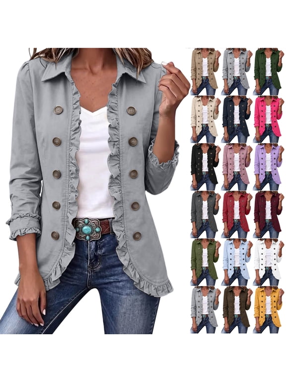 Women's Ruffled Trim Jackets Double Button Open Front Cardigan Outwear Jacket Dressy Casual Work Business Collared Tunic Blouse