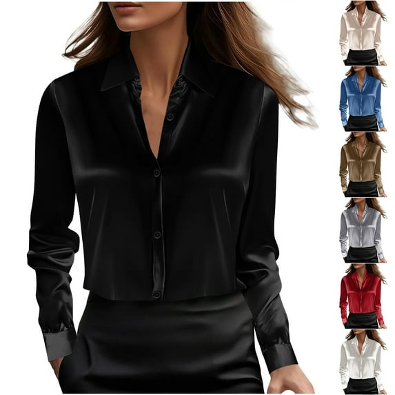 Otntypg Women's Satin Button Down Shirts Dressy V-Neck Long Sleeve Work Tops Trendy Solid Color Business Office Silk Blouses Fashion Spring Shirt Coffee L