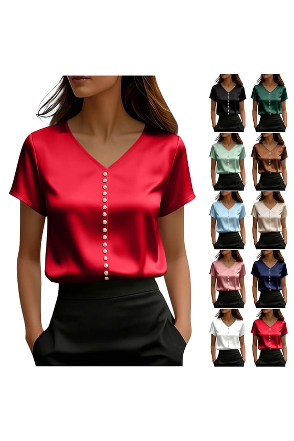 Women's Satin Silk Blouses Elegant Dressy Casual Pearl Button Down V Neck Short Sleeve Work Shirts Business Casual Tunic Tops Black XXL