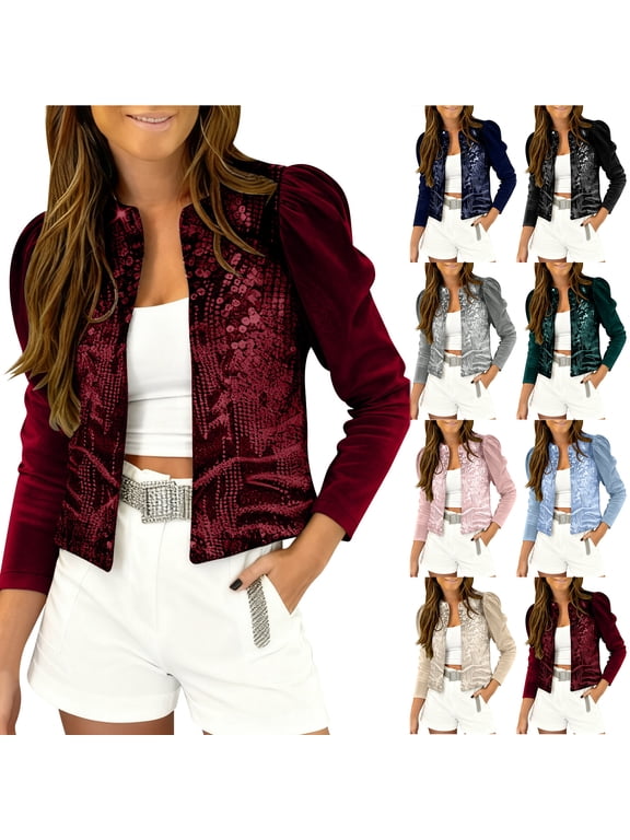 Women's Sequin Jacket Bomber Puff Long Sleeve Shiny Glitter Open Front Cardigan Tops Dressy Patchwork Sparkly Party Slitter Outfit Gray XL