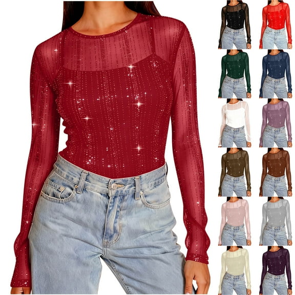 Otntypg Women's Sheer Mesh Tops Long Sleeve Crew Neck Glitter Sexy Tops See Through Tee Shirts Party Club Night Lace Blouse Gray M