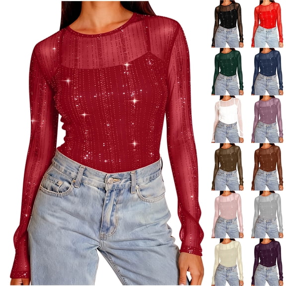 Otntypg Women's Sheer Mesh Tops Long Sleeve Crew Neck Glitter Sexy Tops See Through Tee Shirts Party Club Night Lace Blouse Red#01 XXL
