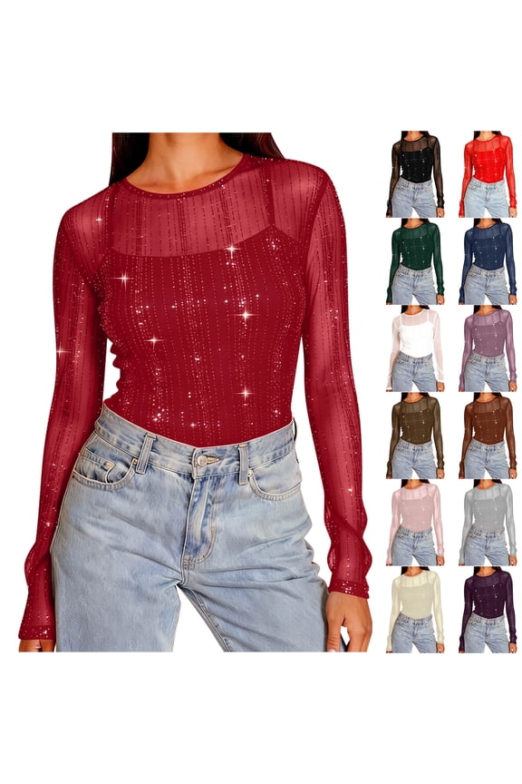 Women's Sheer Mesh Tops Long Sleeve Crew Neck Glitter Sexy Tops See Through Tee Shirts Party Club Night Lace Blouse White XL