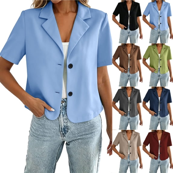 Otntypg Women's Short Sleeve Cropped Suit Blazers Business Casual Open Front Button Down Notch Lapel Collar Short Blazer Jacket