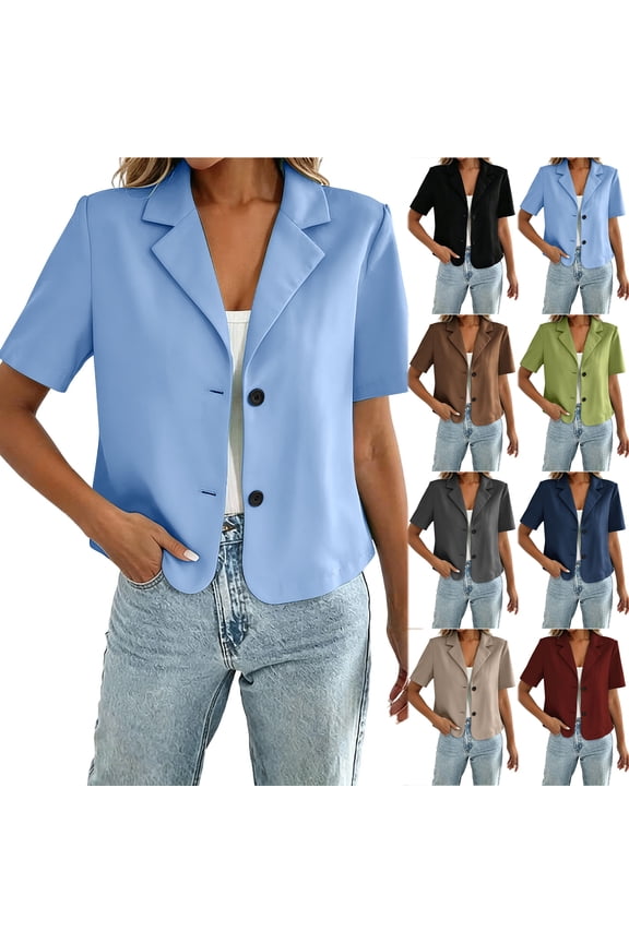 Women's Short Sleeve Cropped Suit Blazers Business Casual Open Front Button Down Notch Lapel Collar Short Blazer Jacket