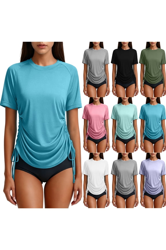 Women's Short Sleeve Rash Guard Shirts UV Protection Swim Shirts UPF 50+ Lightweight Adjustable Side Ruched Drawstring Tie Bathing Suit Swimwear Top Only Light Blue L