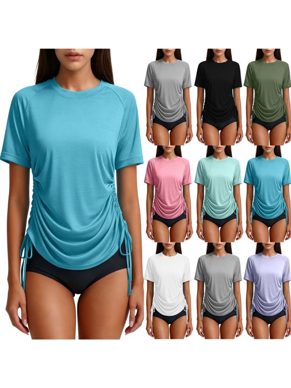 Women's Short Sleeve Rash Guard Shirts UV Protection Swim Shirts UPF 50+ Lightweight Adjustable Side Ruched Drawstring Tie Bathing Suit Swimwear Top Only Light Blue XXL