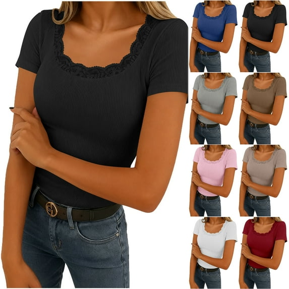 Otntypg Women's Short Sleeve Tops Trendy Scoop Neck Lace Trim Ribbed Fitted Tight Shirts Casual Basic Y2K Athletic Tee Spring Clothes Black L